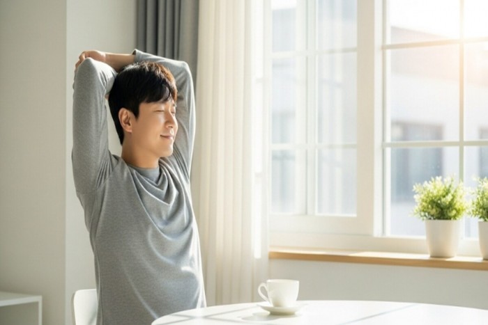 햇살이 비치는 창가에서 스트레칭을 하며 여유롭게 월요일 아침을 시작하는 모습