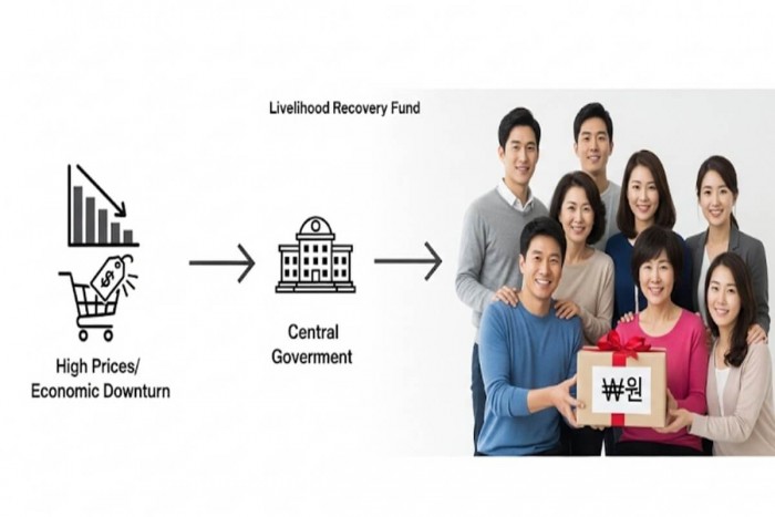 경제적 어려움을 나타내는 아이콘에서 정부 건물 아이콘을 거쳐 시민들이 원화 기호가 있는 선물 상자를 받는 인포그래픽