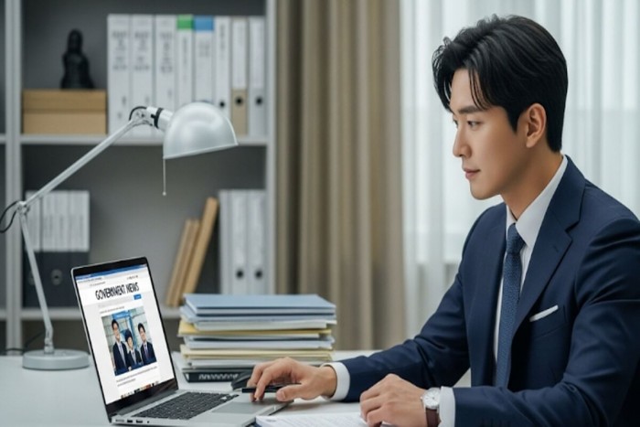 노트북으로 정부 뉴스 웹사이트를 침착하게 확인하는 한국 남성