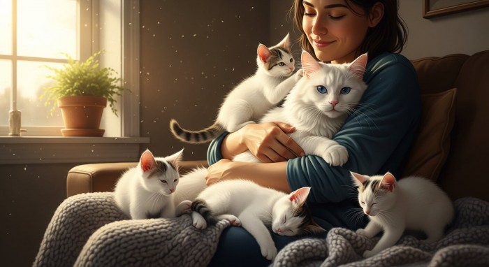 한 사람이 품 안에 어미 고양이와 여러 마리의 새끼 고양이를 안고 행복하게 웃고 있는 모습
