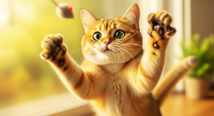 밝은 햇살 아래서 하얀 고양이 한 마리와 황금색 고양이 한 마리가 장난치며 노는 모습