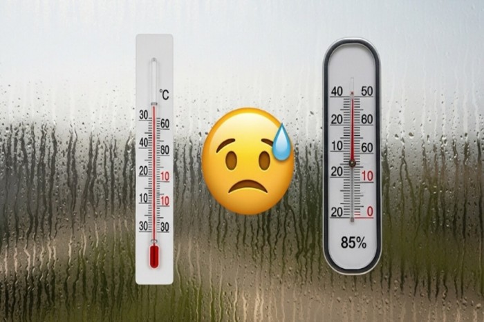 높은 온도와 습도를 나타내는 온도계와 습도계, 그리고 땀 흘리는 이모티콘으로 표현한 불쾌지수