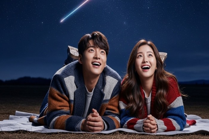 밤하늘의 유성을 보며 감탄하는 잘생긴 한국 남성과 아름다운 한국 여성