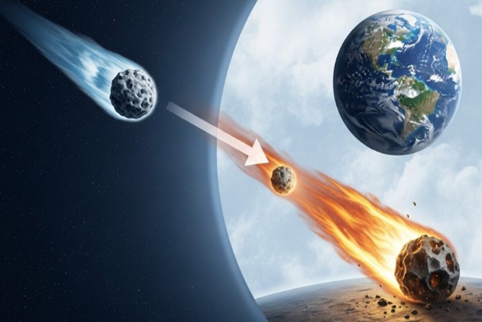 우주 공간의 유성체가 대기권에 진입하여 밝은 유성이 되고 지표면에 운석으로 떨어지는 과정을 설명하는 과학 일러스트