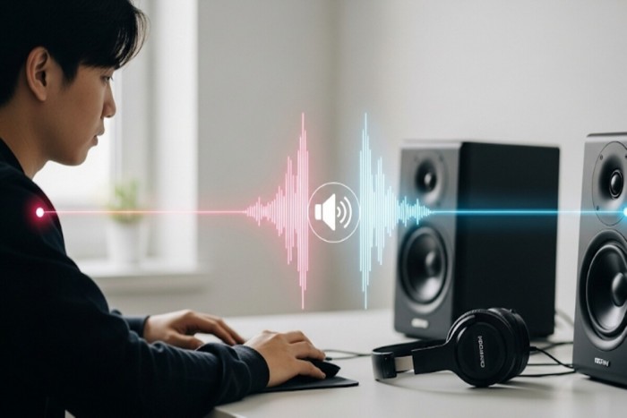 스피커와 헤드셋으로 소리가 동시에 전달되는 모습