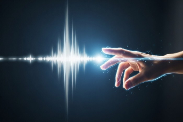 숨겨진 소리 파동이 빛나는 손짓에 의해 활성화되는 모습