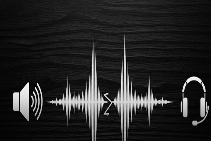 하나의 소리 파동이 스피커와 헤드셋 아이콘으로 나뉘어 흐르는 모습