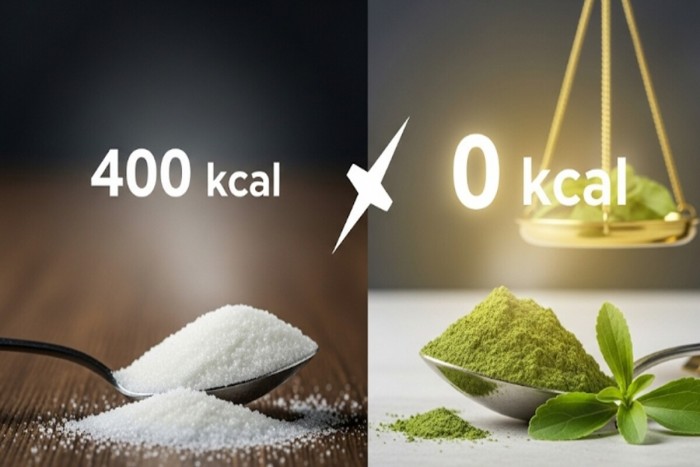 흰 설탕과 스테비아를 비교하는 저울, 스테비아 쪽에 0kcal 표시