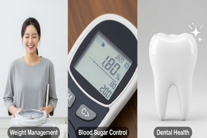 체중계에 선 여성, 혈당 측정기, 빛나는 치아로 스테비아의 효능을 보여주는 복합 이미지
