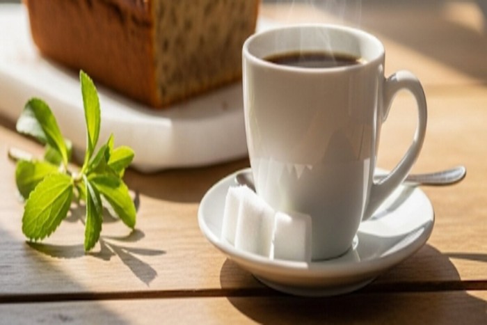 커피에 스테비아 가루를 넣고 스테비아로 만든 건강한 케이크가 있는 모습