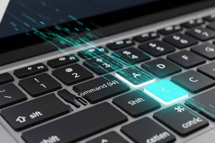 맥북 키보드에서 커맨드, 쉬프트, C 키가 빛나며 데이터가 흐르는 모습