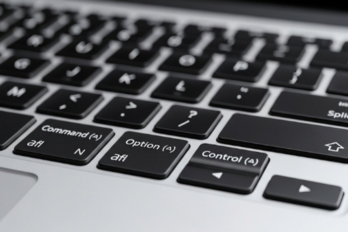맥북 키보드의 커맨드, 옵션, 컨트롤 키 클로즈업