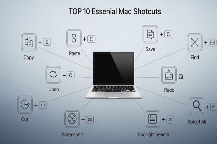 맥북 아이콘 주위에 복사, 붙여넣기 등 10가지 필수 단축키를 보여주는 인포그래픽