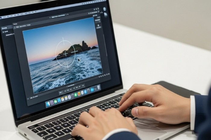 한국 남성이 맥북에서 커맨드+쉬프트+4 키를 눌러 화면 일부를 캡처하는 모습