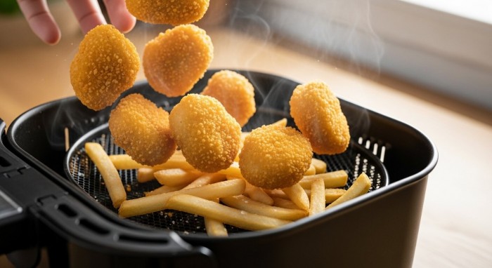 겉바속촉 치킨 너겟이 고르게 익도록 에어프라이어 바스켓을 흔드는 모습