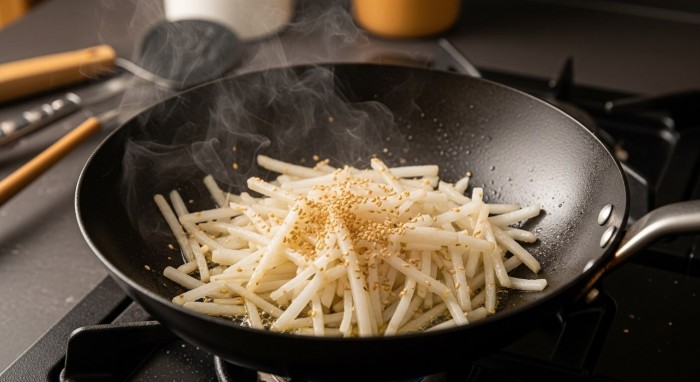 냄비 안에서 참기름에 볶아지고 있는 하얀 무의 모습