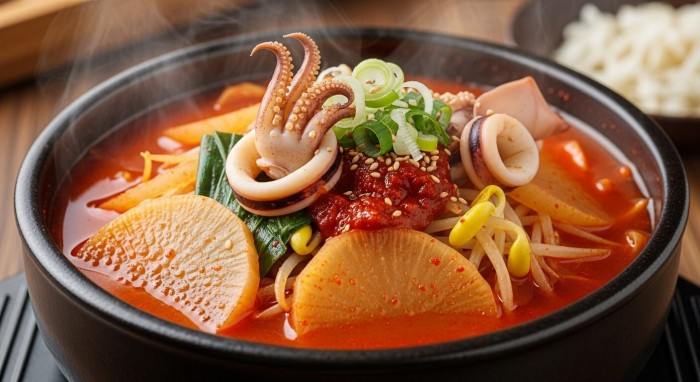 얼큰한 붉은 국물의 오징어무국, 콩나물과 오징어가 어우러진 해장국 스타일