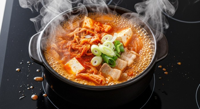뜨거운 김이 피어오르는 먹음직스러운 김치찌개가 인덕션 위에서 끓고 있는 모습