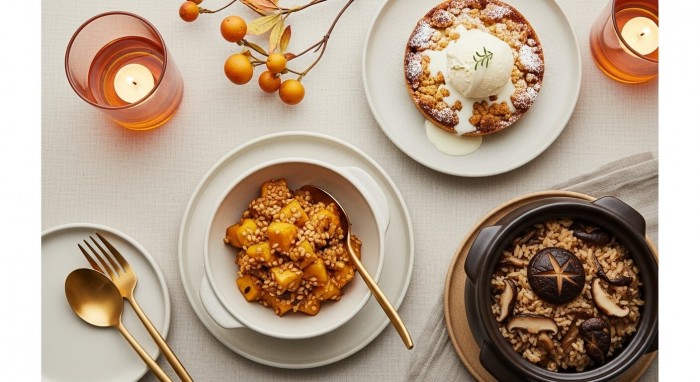 고구마 맛탕, 사과 크럼블, 표고버섯 솥밥 등 가을 제철 재료로 만든 요리들이 차려진 식탁의 항공샷